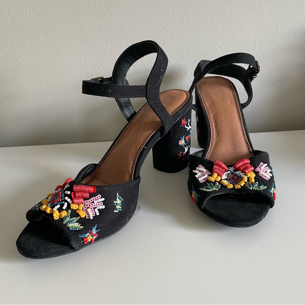 Rampage Beaded and Embroidered Black Block Sandal Heel